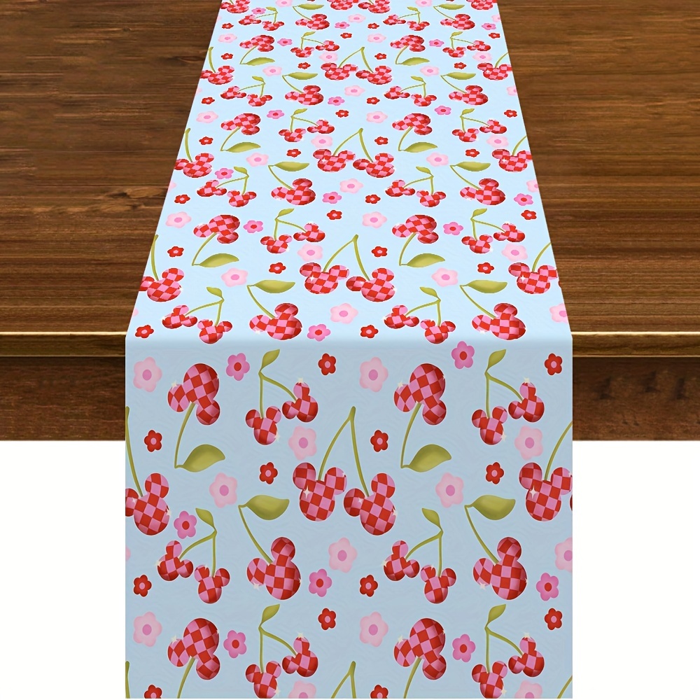 

Cherry & Mouse Head Print Polyester Table Runner - Woven Rectangle Kitchen, Dining Decor Tablecloth - Cute Design For Desktop Decoration - Machine Washable