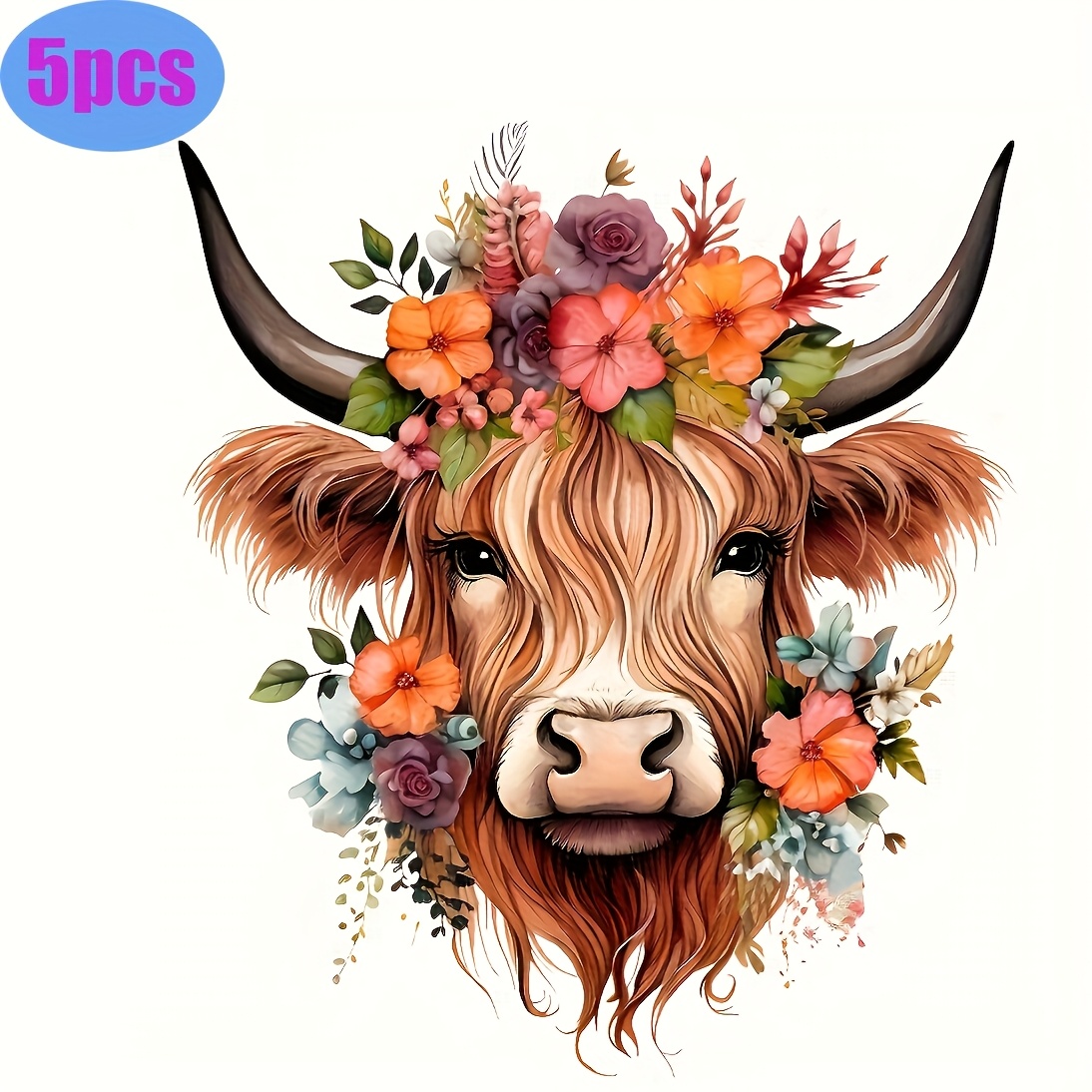 TEMU 5 Stk. - Lebendige Hochlandrinder mit Blumenkrone Wärmeübertragungs-Aufkleber, Langlebig und Beständig, für DIY-T-Shirts, Hoodies, Jeans,