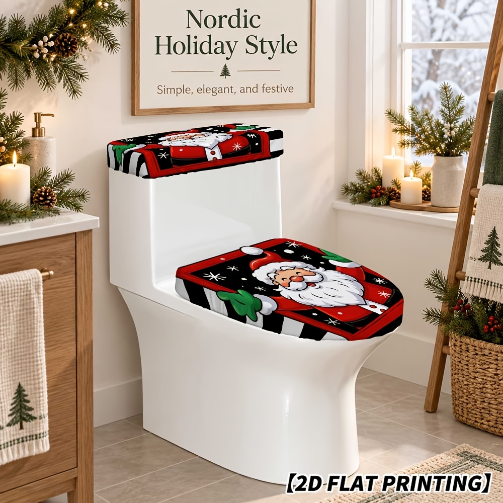 TEMU 1 Set Santa In Red Hat Waving Print Toilet Lid Cover Set, 2d Flat Toilet Tank Cover, Stretchy Soft , Suitable For Bathroom Additions Home Decor