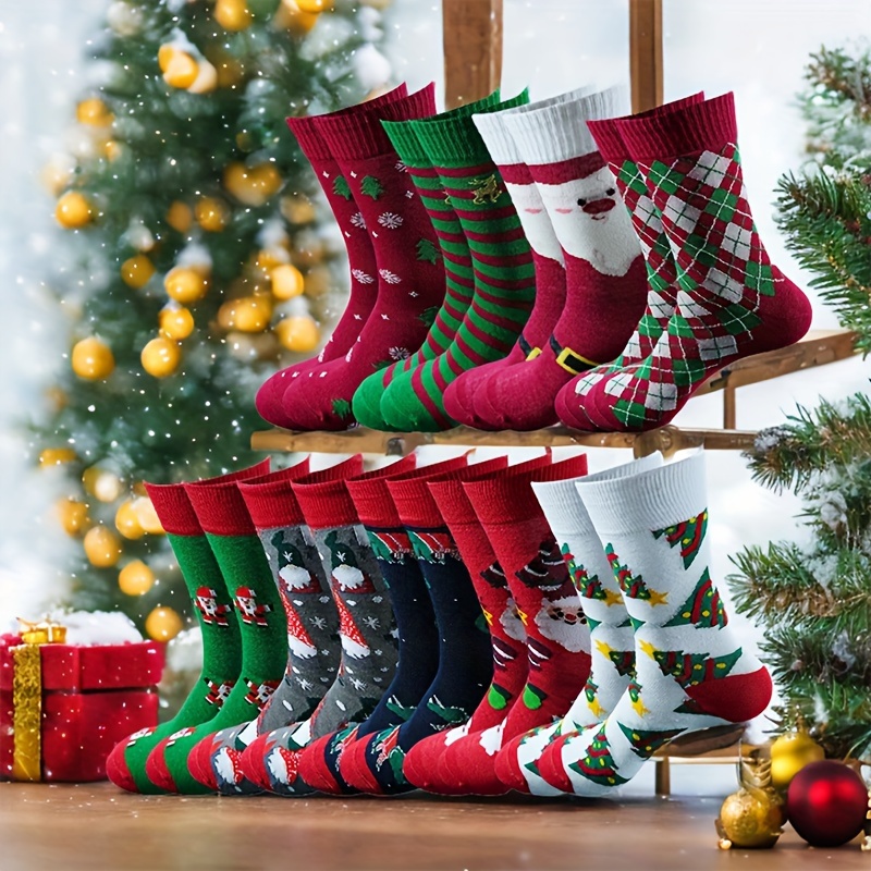 

Christmas Socks 9-pair Set - Unisex Polyester Knit Mid-calf Socks With Santa, Reindeer, Snowman, And Trees - Comfortable, Stretchable, Machine Washable Holiday Crew Socks For