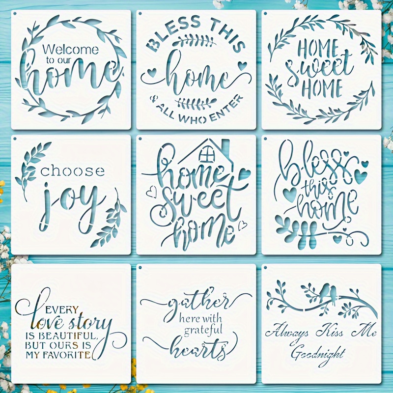 Image of 9pcs Welcome To Word Stencil, 6.3 Inch Reusable , This Home Drawing Painting Stencils With For Wood Wall Porch Sign Diy Crafts Home Décor
