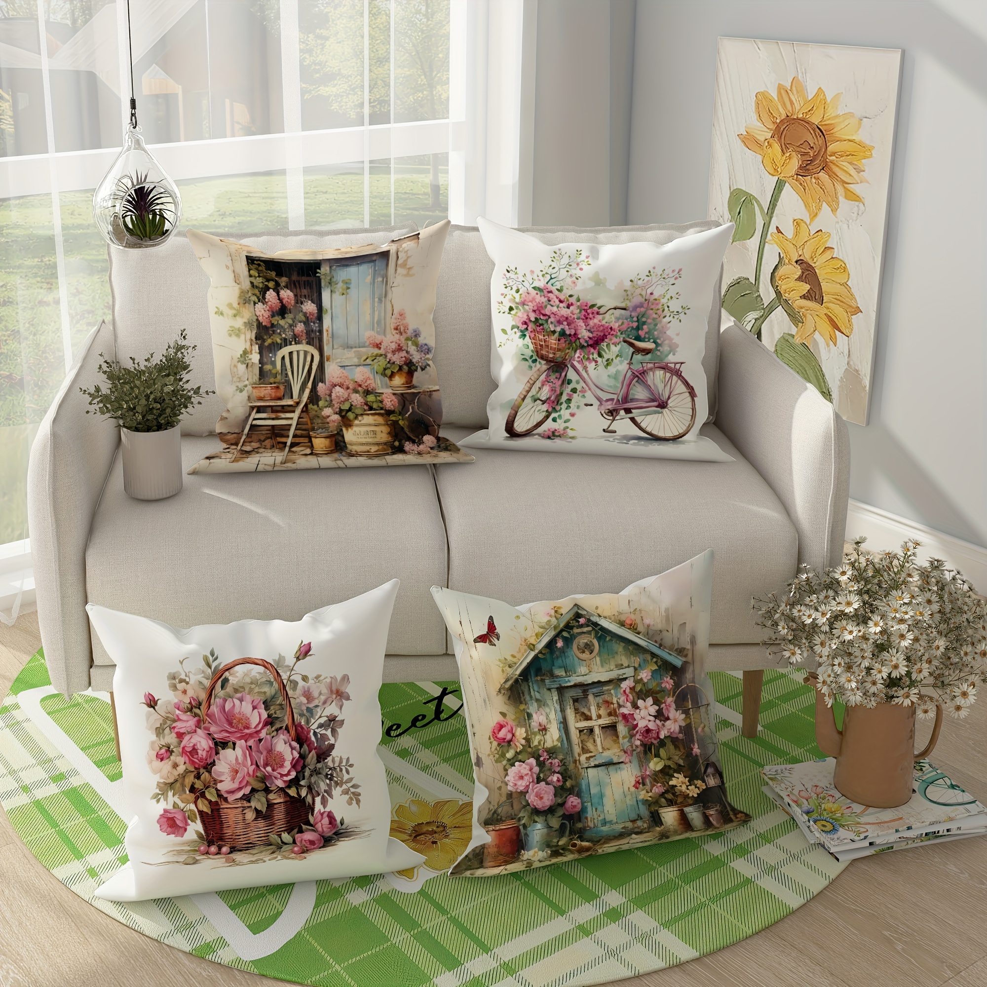 

Spring Cottage Velvet Throw Pillow Covers, 4pc Set - Farmhouse Bicycle & Flower Basket Design For Living Room And Bedroom Decor
