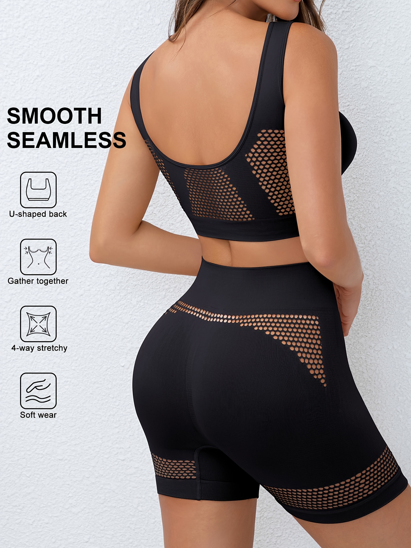 womens breathable mesh sports bra and panties set single layer wireless bra sports vesties underwear black seamless yoga base layer details 1