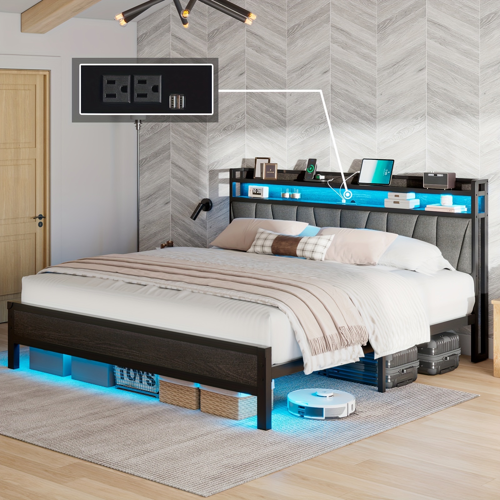 

Bed Frame With Rgbw Led Lights & Charging Station, Linen Upholstered Headboard With 2-tier Storage, Metal Platform, Spring Needed/noise-free