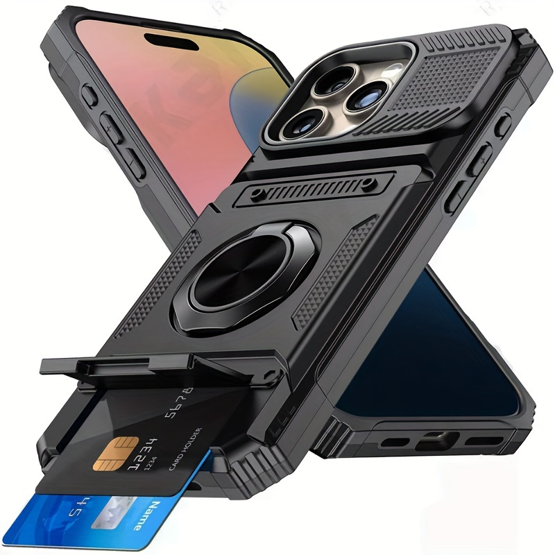 Shockproof Heavy Duty Hard Phone Case with Metal Stand and Card Slot for 16 Pro Max 15 Pro Max 14 Pro Max