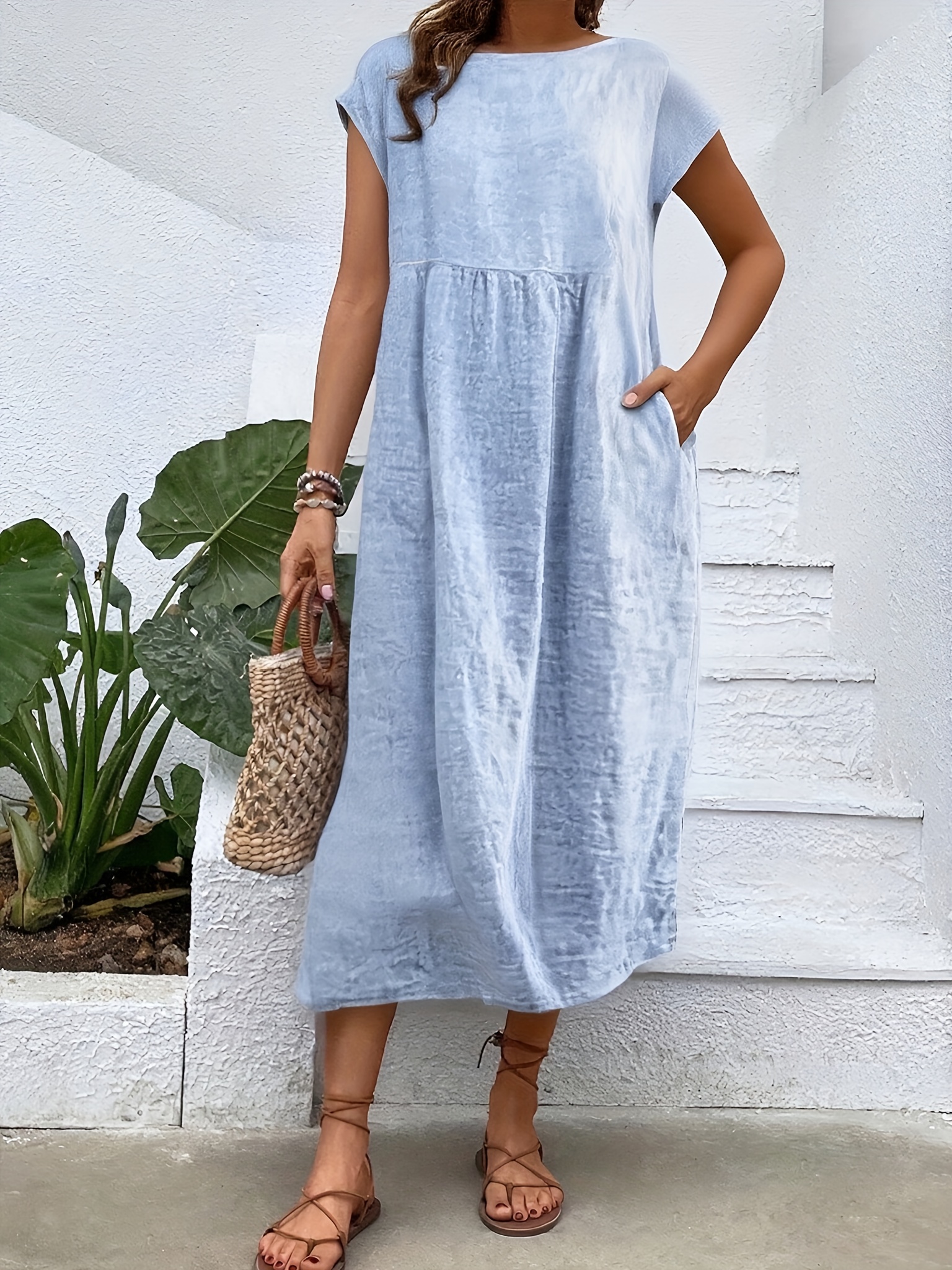 pocket loose dress Generic Womens Cotton Linen Dresses 3/4 Sleeve Maxi Dress V Neck Button Up  Dress with Pocket Loose Fit Summer Wear