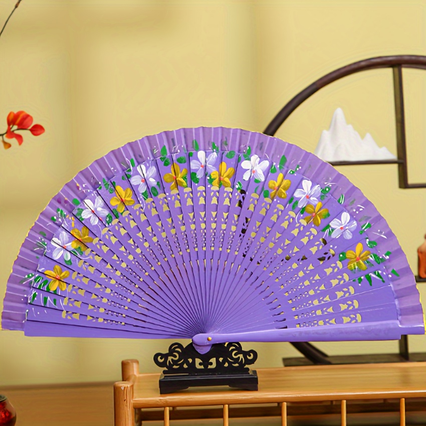 

Hand-painted Wooden Folding Fan, Vintage-inspired Chinese Fan With Classical Floral Designs, Elegant For Qipao Matching, Traditional Spanish Style Hand Fan, Retro Home Decor Accessory