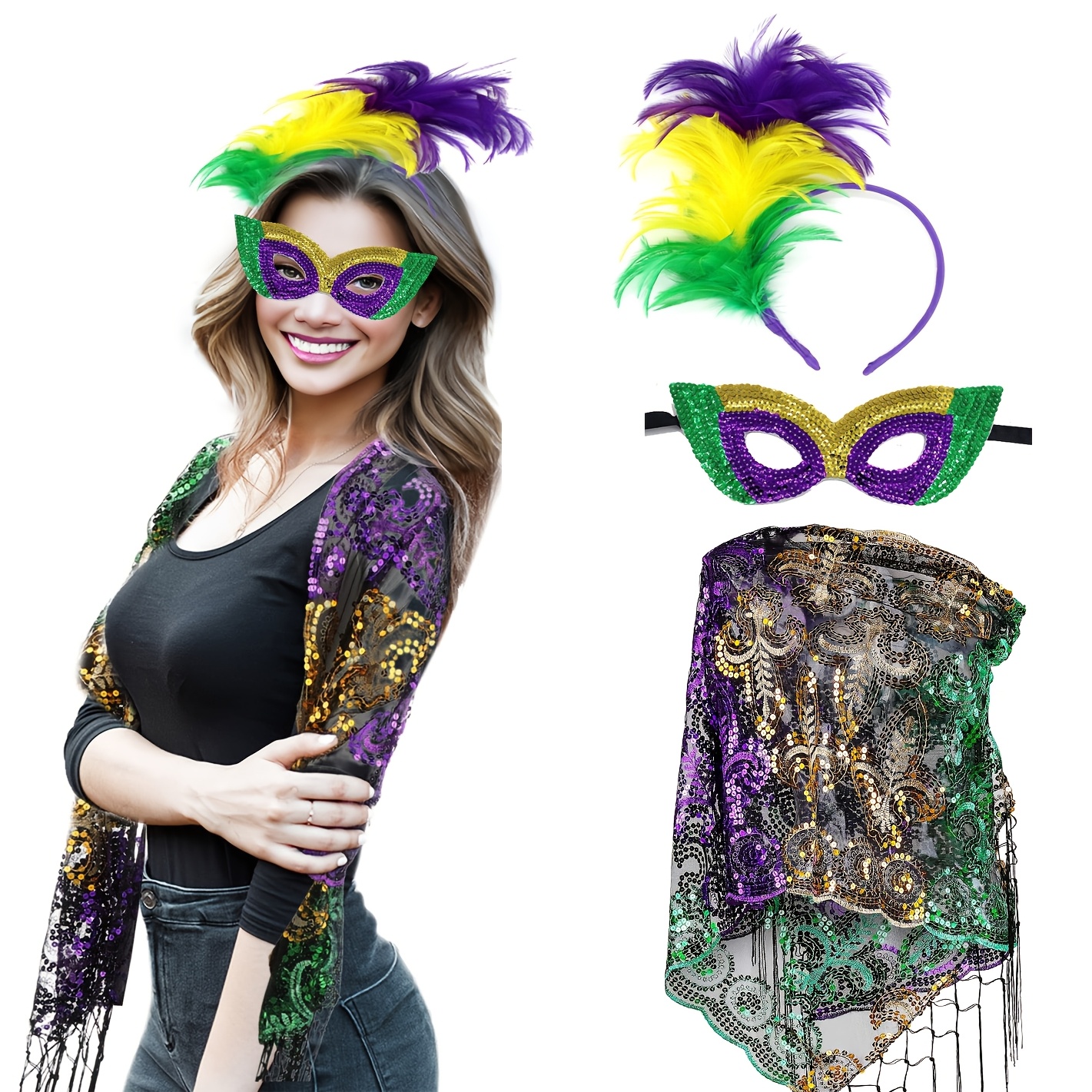 

3pcs Mardi Gras Costume Set, Mardi Gras Sequin Shawls Wraps Cape, Mardi Gras Artificial Feathers Headband And Venetian Mask Carnival Masquerade Mardi Gras Party Props