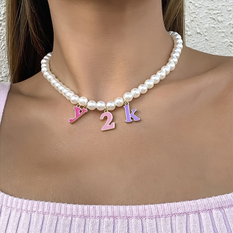 

Customizable Y2k Boho Alphabet Letter Pendant Necklace With Imitation Pearl Chain, Enameled , Valentine's Day & Graduation Gifts, Daily & , Gift Box Included