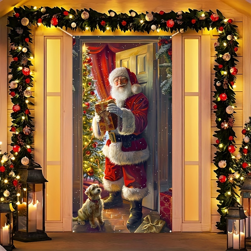 

1pc, Santa Claus Opening Door Decoration, Christmas Decoration Banner, Merry Christmas Winter New Year Holiday Photo Booth Indoor Outdoor Banner Party Decoration Supplies 70x35inch