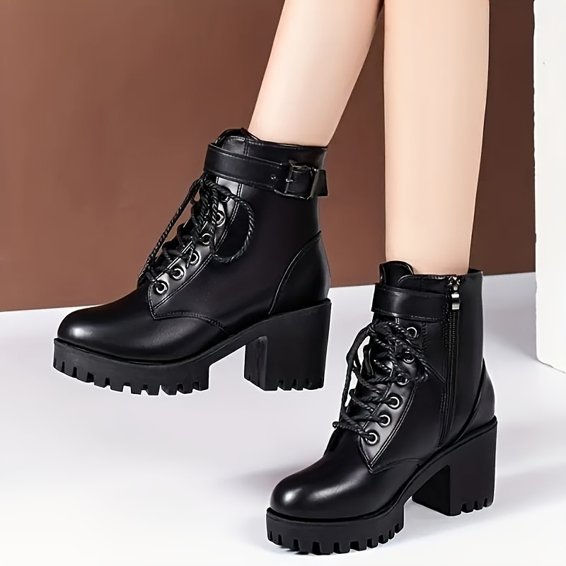 Women'S Chunky Heel Ankle Boots - Cover With Lace-Up & Zipper Closure, Round Toe & Thick Rubber Sole For Everyday , Versatile Footwear | Chunky Heel Boots | Durable Footwear - Women'S Shoes