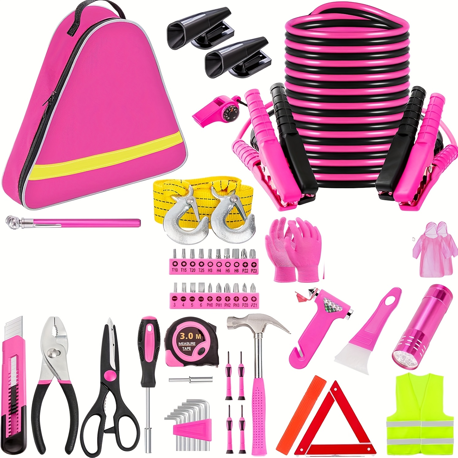 TEMU Pink Car Roadside Emergency Kit Assistance Emergency Kit With Jumper Cables Set Deer Whistles Winter Car Safety Roadside Assist Kit, Without