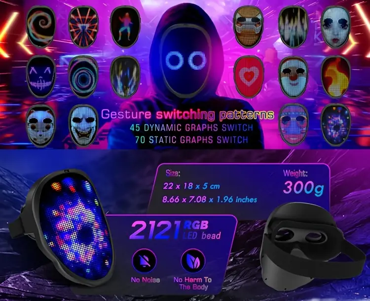 led mask with app control & gesture sensing - programmable party mask, real-time lighting effects, compatible with smartphone, for halloween, christmas, cosplay, carnival - adult costume party mask (batteries not included) - ideal for djs, , event decorations, halloween mask, festive event accessory, vibrant light display, durable plastic body details 0