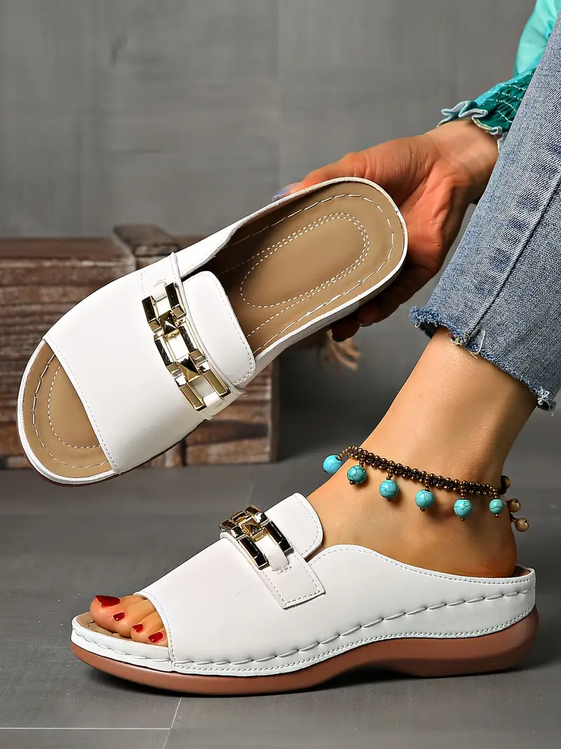 womens wedge sandals with metallic chain design casual open toe slip on platform shoes beige cover summer for versatile footwear stylish sandals cover sandals Product details 25