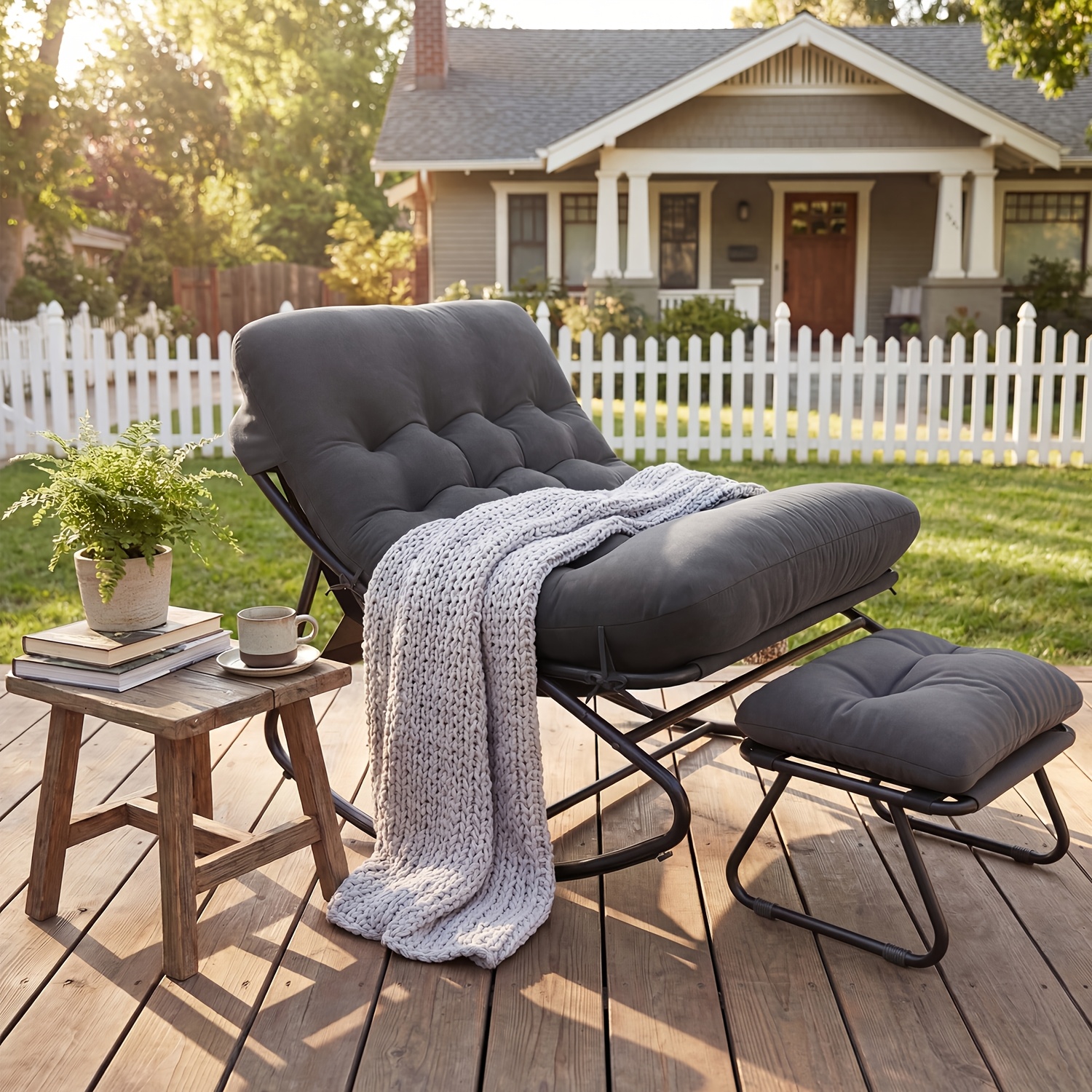 Image of Oversized Rocking Chair With Ottoman, Outdoor Comfy Patio Lounge Rocker Chair With Thick Cushion For Bedroom Living Room, Outside Balcony, Backyard, Sillas Mecedoras Para Adultos(grey)