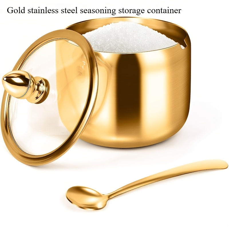 Image of Golden Stainless Steel Seasoning Storage Jar Set, With Window Cover And Spoon, Wide Opening, Seasoning Distribution Box, Suitable For Coffee Bars And Kitchen Storage