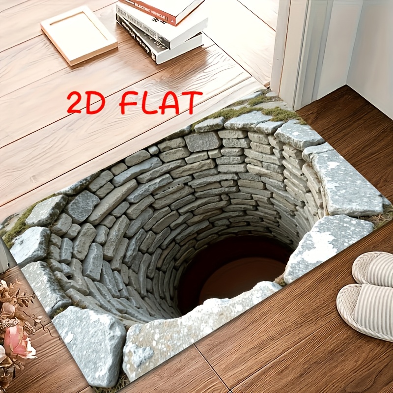 TEMU 2d Flat 1pc, Endless Deep 2d Printed Anti-slip Mat - Machine Washable Polyester Fiber, Imitation Stone Texture, Lightweight Foldable