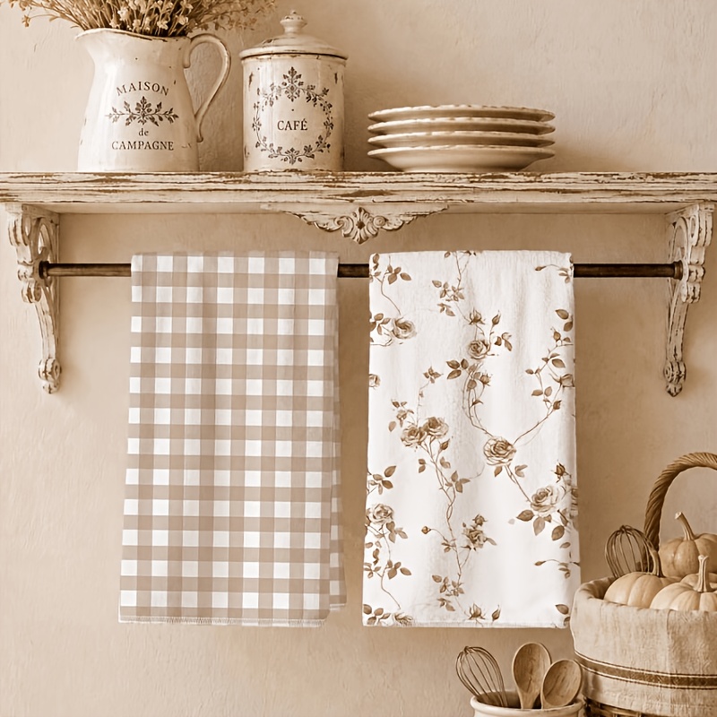 TEMU 2pcs Torchons de cuisine rétro marron à carreaux avec motif de roses, chiffons à vaisselle en fibre de polyester douce, adaptés à la décoration