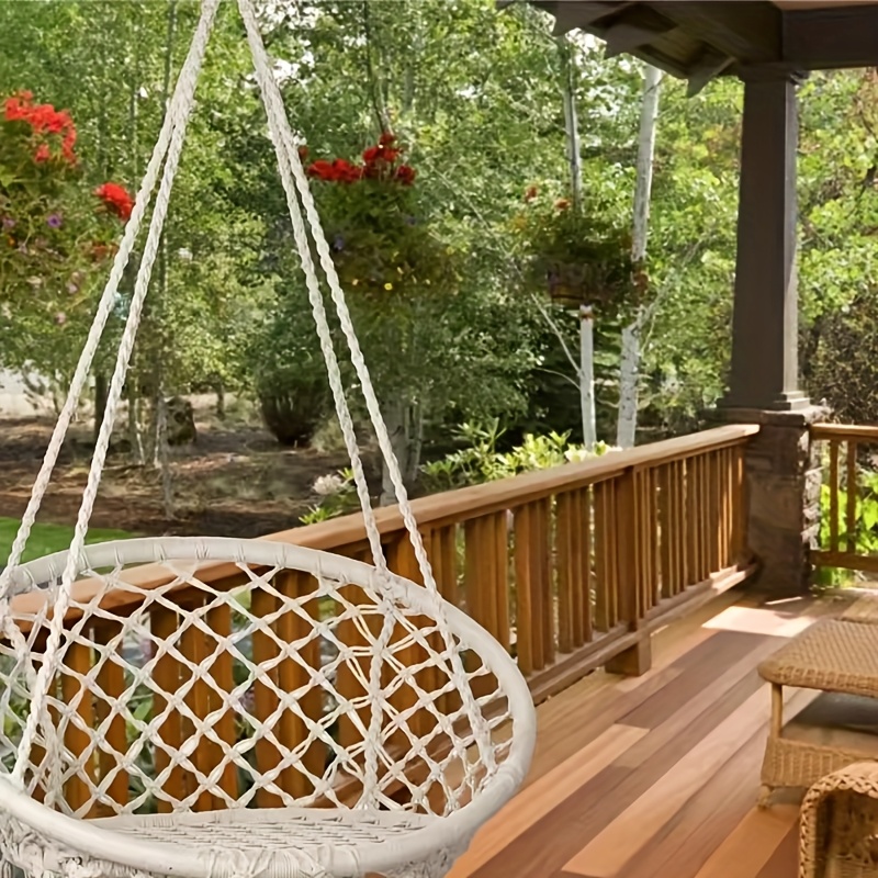 Outdoor Camping Woven Hanging Basket Swing, Indoor Leisure Hammock Chair,  Garden Patio Suspended Seat with Backrest, Balcony Basculating Lounge for Ch