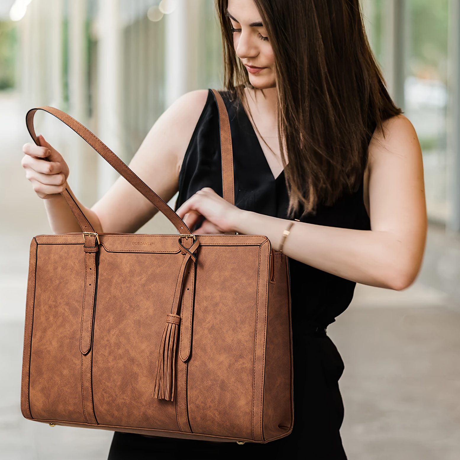 Tianello Womens Burgundy Leather Zippered Laptop Shoulder Bag Briefcase Tote offers