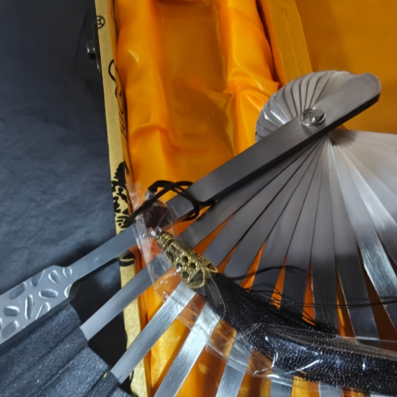 full stainless steel metal ribs cloth fan folding fan chinese cold weapon decoration ornament with brocade box and traditional handcrafted vintage fan for collection home decor gift with exquisite decorative fan cultural display premium materials fine Product details 9