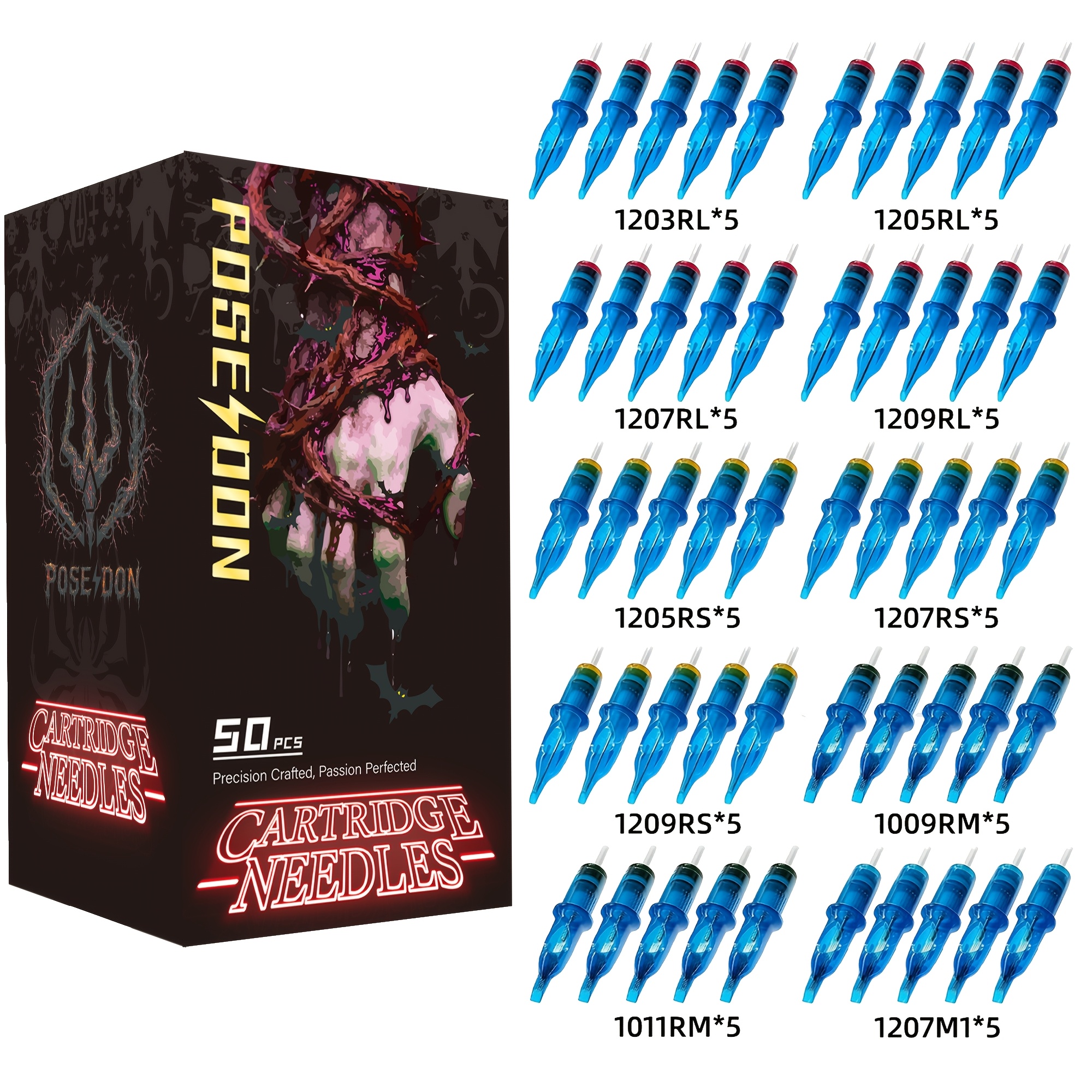 TEMU 50 piezas de agujas de POSEIDON - Agujas de de acero inoxidable adecuadas para máquina de tatuar, agujas M1/RL de delineado /RS de sombreado/RM