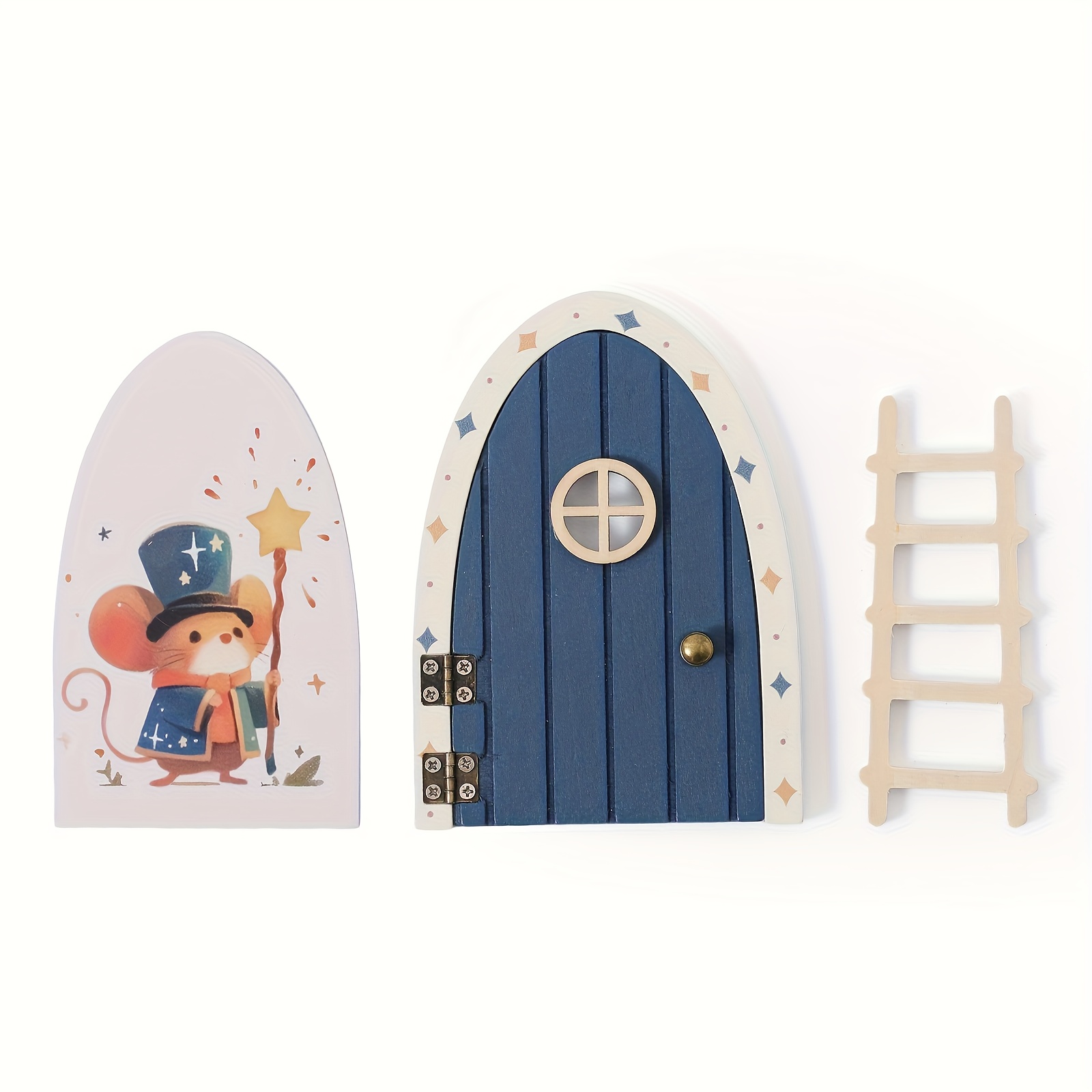 Image of 1 Wooden Cartoon Elf Door Ornament | Colorful Love Fairy Tale Door With Mini Ladder And Holiday Mouse Card, Commemorative Photo Prop For Christmas And Halloween, Birthday Gift
