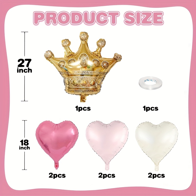 Image of 8pcs Pink And White Princess Balloons, Beige Cream Heart-shaped Balloons With Golden Silvery Crown Foil Balloon Set For Girls' Birthday Anniversary Wedding Party Decorations