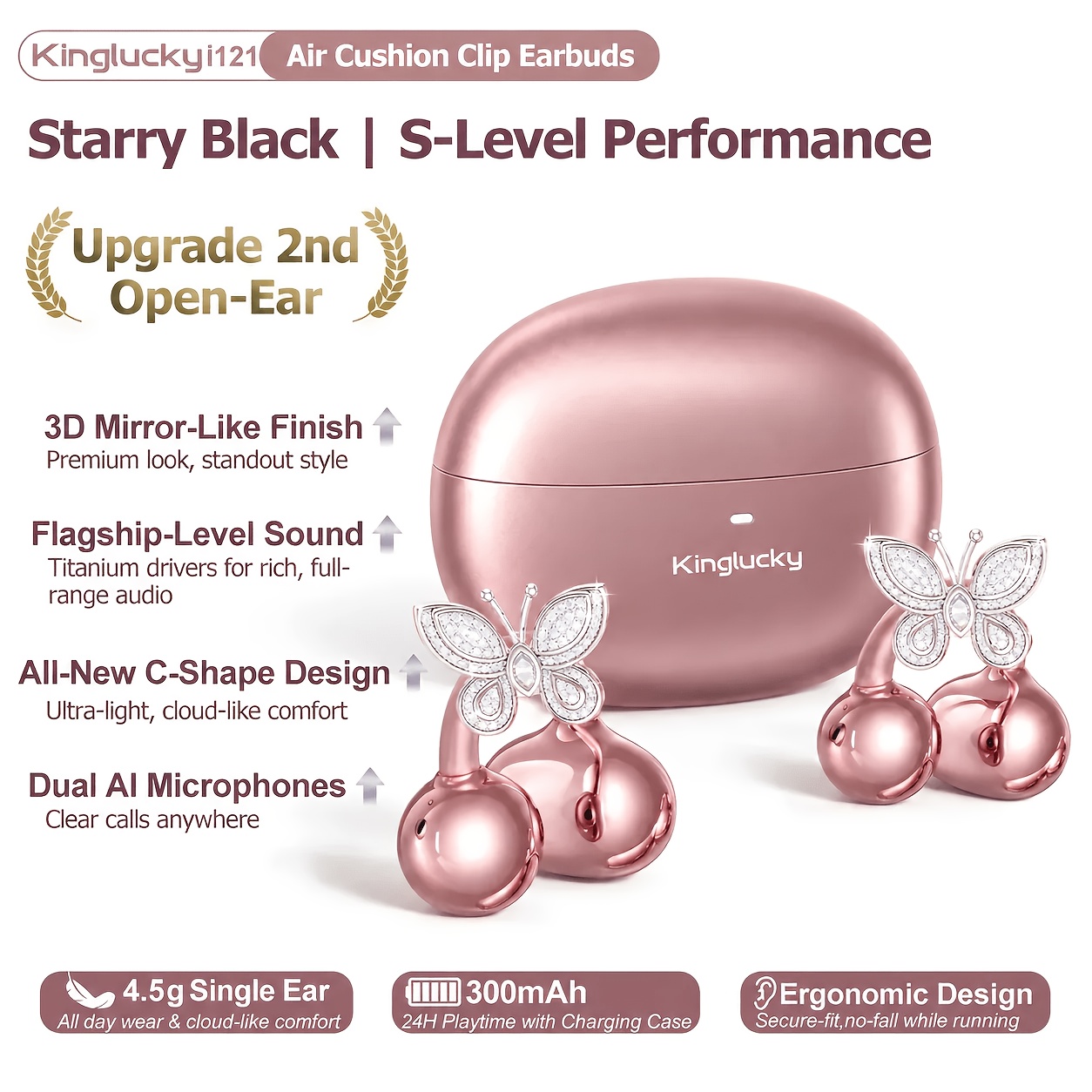 TEMU Kinglucky New Earring Headphones, Wireless Clip On Earbuds, With Detachable Synthetic Gemstonestone Earrings Accessories, Bt 5.4, Hifi Eq Sound,