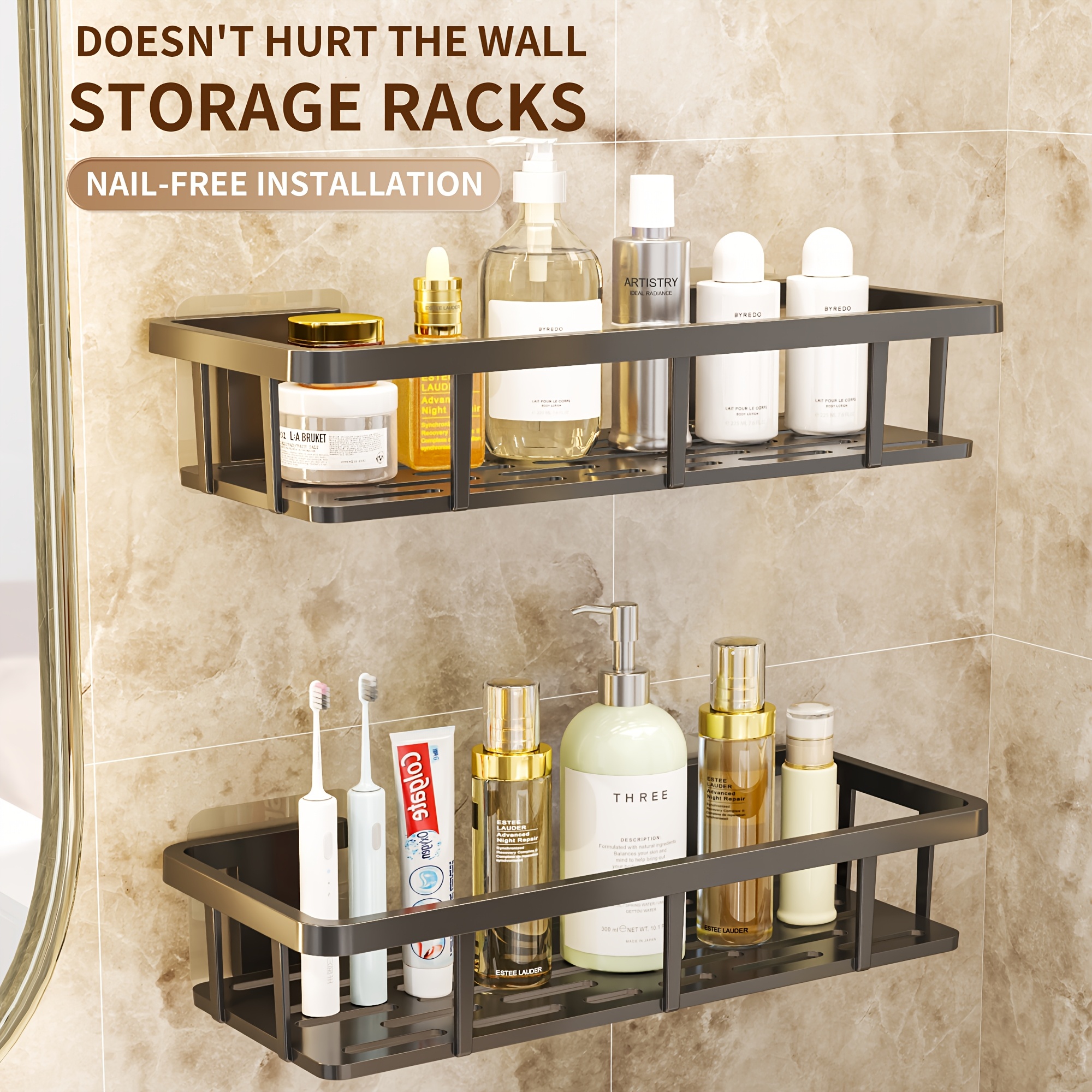 

1/2pcs, Wall Mounted Bathroom And Kitchen Storage Rack - No Drilling Required, Plastic Shower Rack Suitable For Shampoo And Accessories, Bathroom Storage Rack, Christmas/new Year Gift Decoration