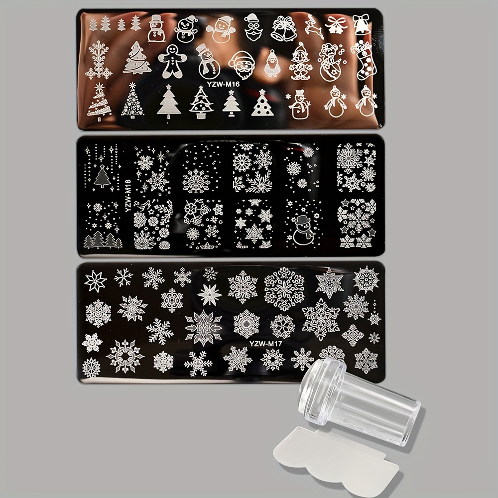 Image of 4pcs Nail Art Steel Plate And Stamp Set, Christmas Snowflake & Diy Manicure Stamping Tools For Nail Polish Transfer