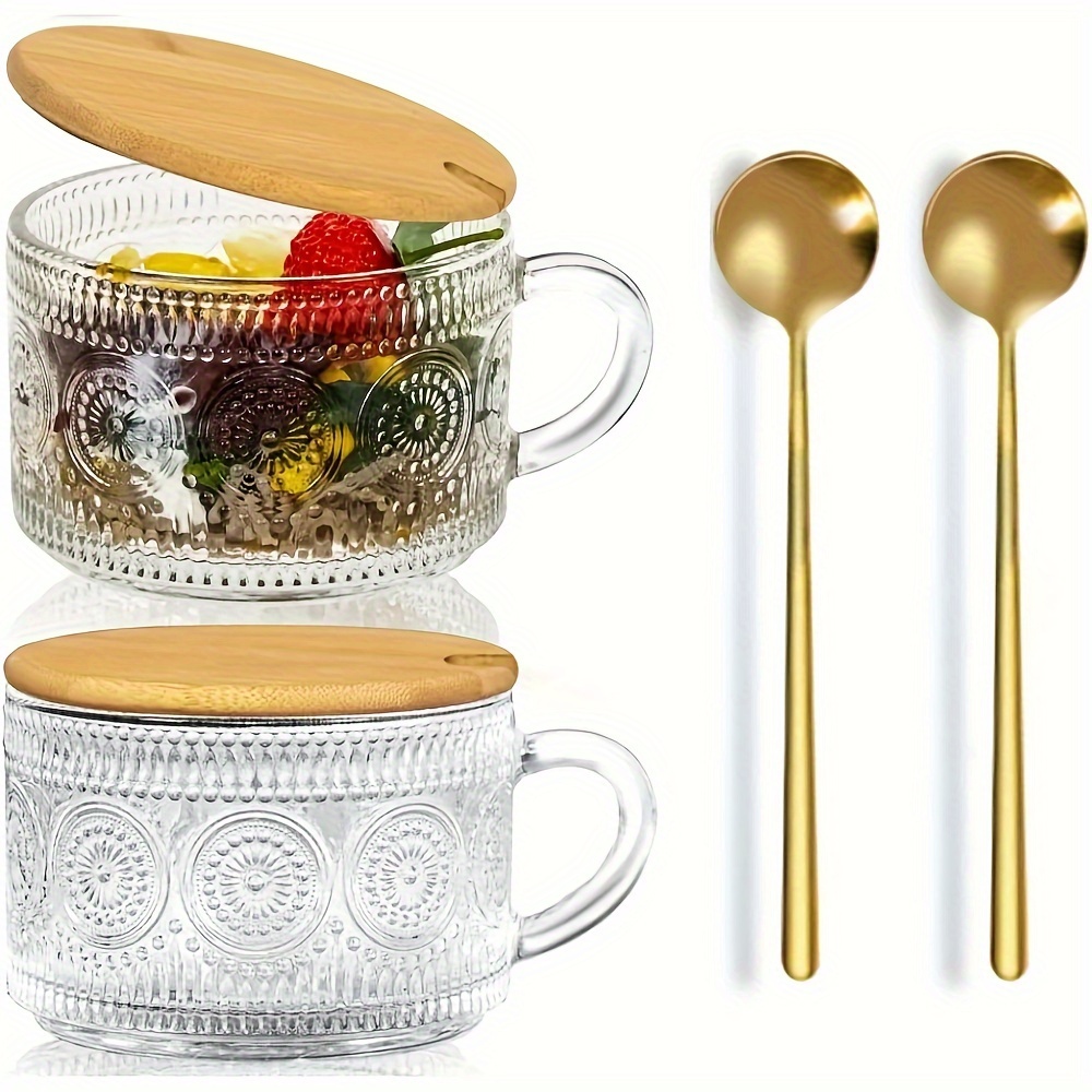 

2/4pcs Retro Glass Cups With Bamboo Lid And Spoon, Coffee Cup, Tea Snacks, Small Cake Making, Valentine's Day Gift For Women