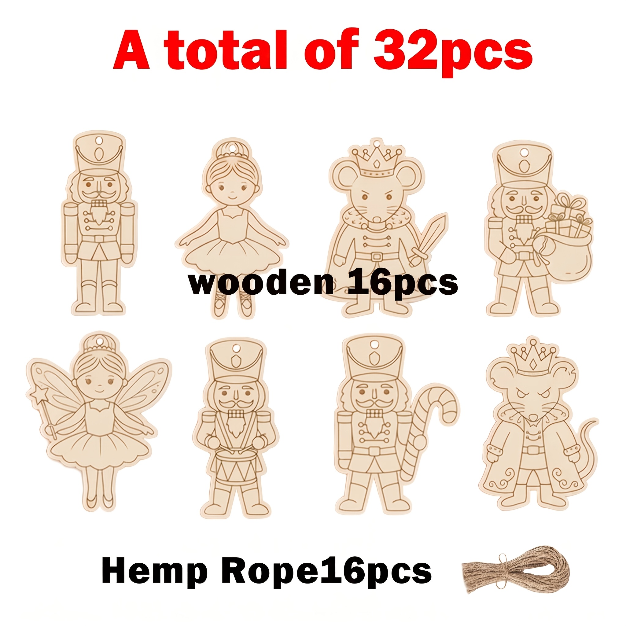TEMU 16 décorations de Noël , comprenant 16 pièces en bois et 16 cintres, de en bois, ballet en bois non peint, Roi Souris, figurine de , décorations