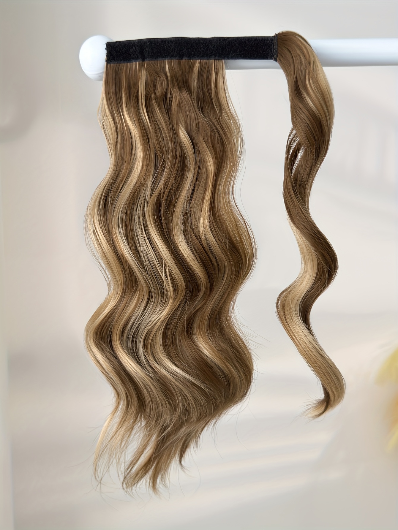 clip style golden ponytail extension wrap - dark brown body wave synthetic hair, 35.56 cm heat-resistant hard hairpiece for women & girls, daily use ponytail wrap for volume & texture, ponytail hair extensions, secure clip attachment details 4