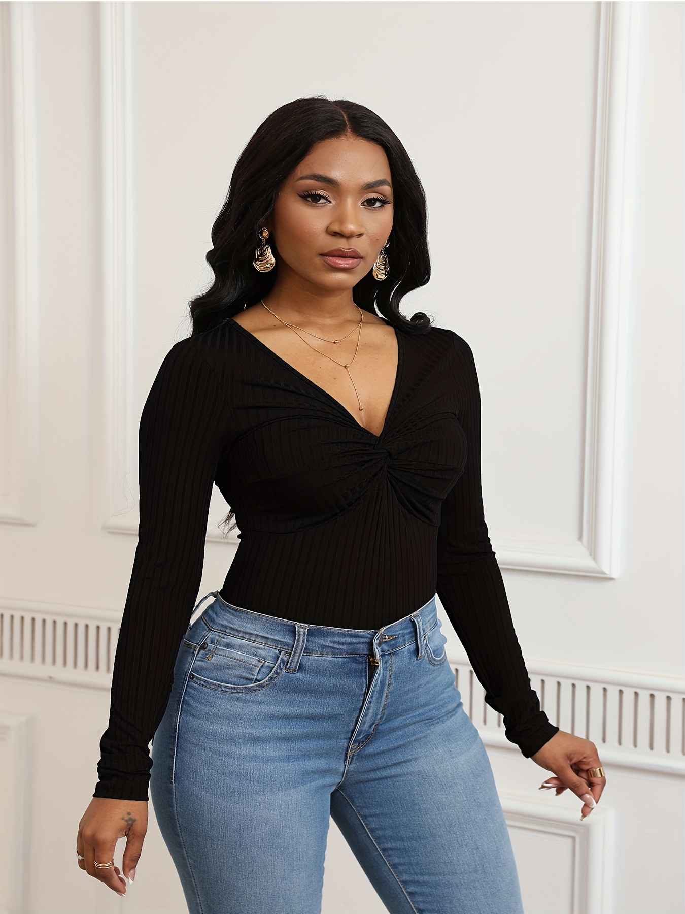 Ribbed Twist Front Bodysuit V Neck Long Sleeve - Temu