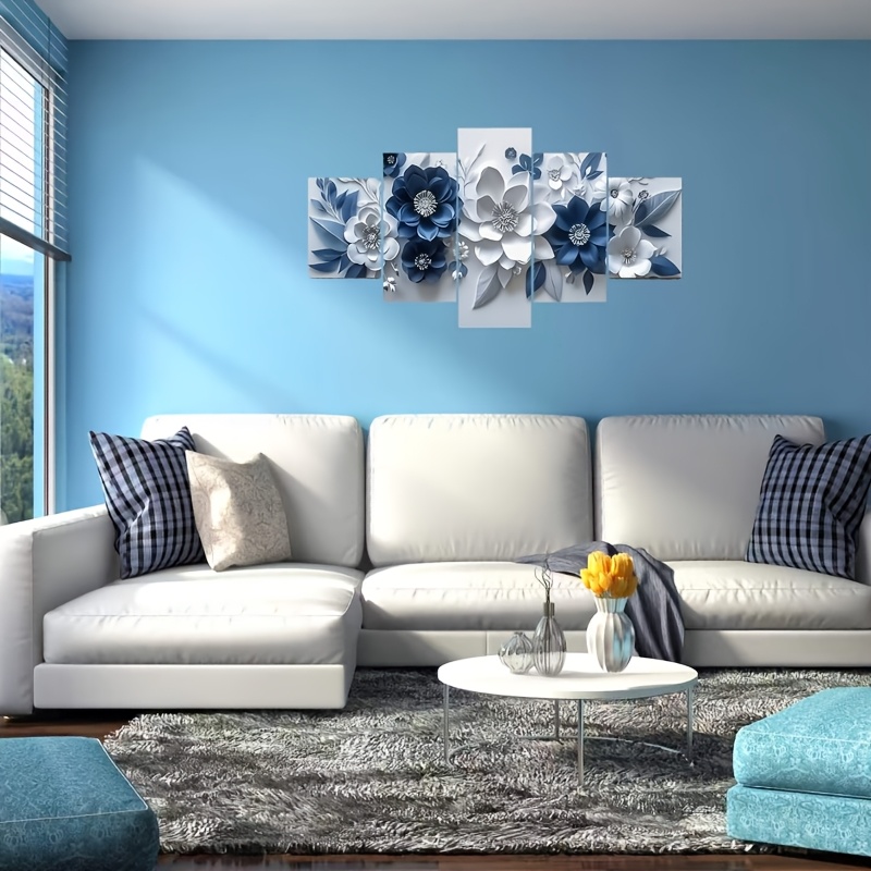 TEMU Set di 5 quadri 2D , (2D ) con tema blu e elegante senza cornice, per decorare casa, ristoranti, , , camere da letto, soggiorni, divani. Ottima