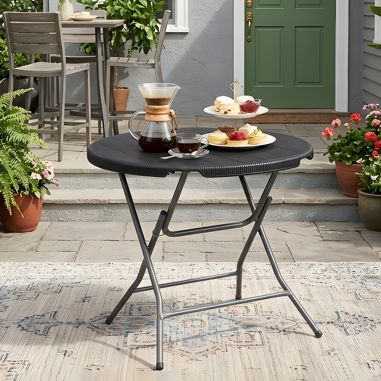 Folding Round Table 81 X 73cm, Foldable Garden Table & Camping Table In Black, Versatile Side Table For Balcony, Terrace & Living Room