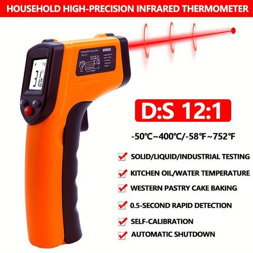 infrared thermometer gun ideal for cooking pizza ovens grills and engine features display and operates on aaa batteries batteries not included