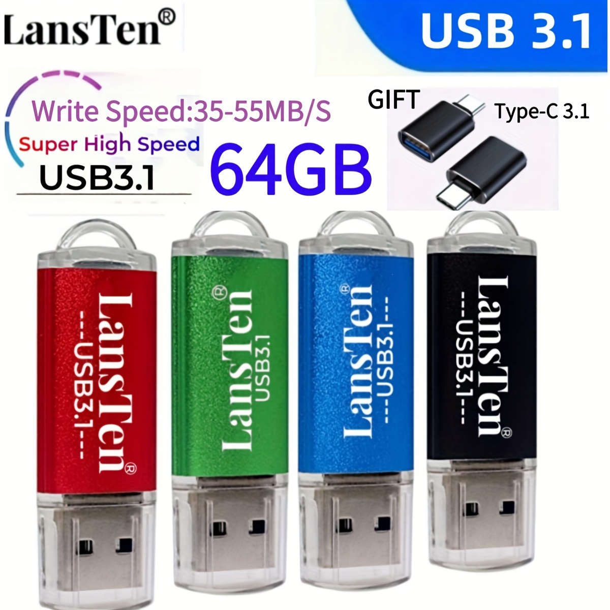 

Lansten Usb 3.1 64gb, - 35-55mb/s, Metal Usb 3.1 Pen , Pc, Laptops, Tablets, Phones, Car , , Includes Usb C To Usb 3.1