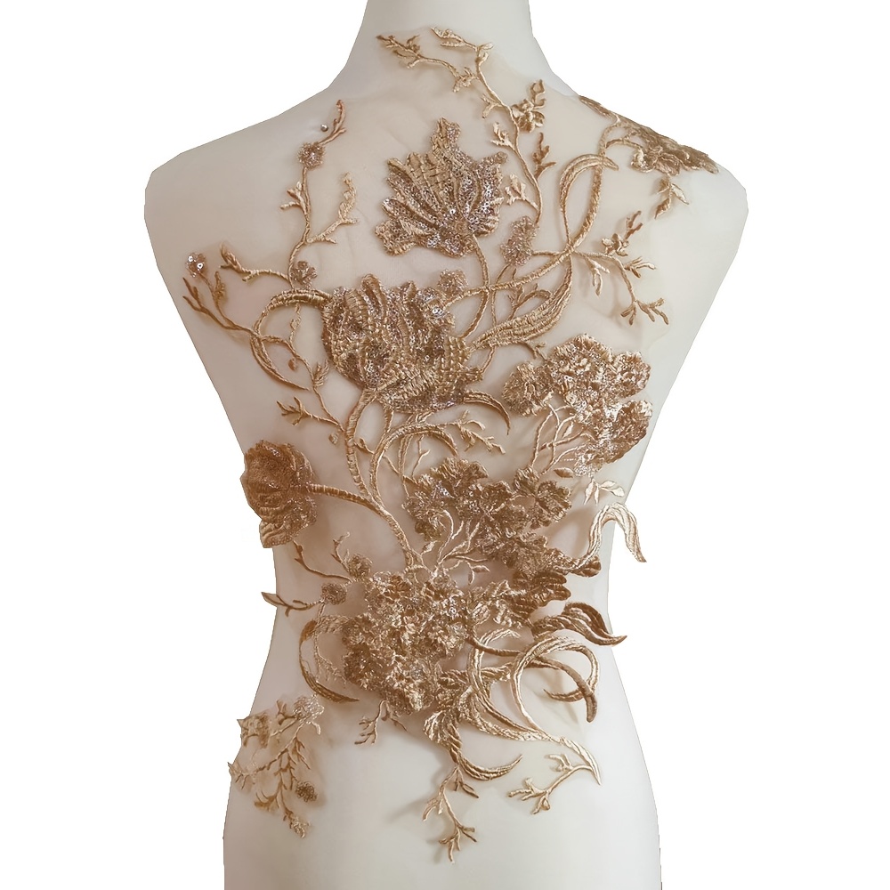 TEMU 1pc Of Heavy-duty Golden Large-flower Embroidered Patch Sewn Mesh Fabric For Decoration