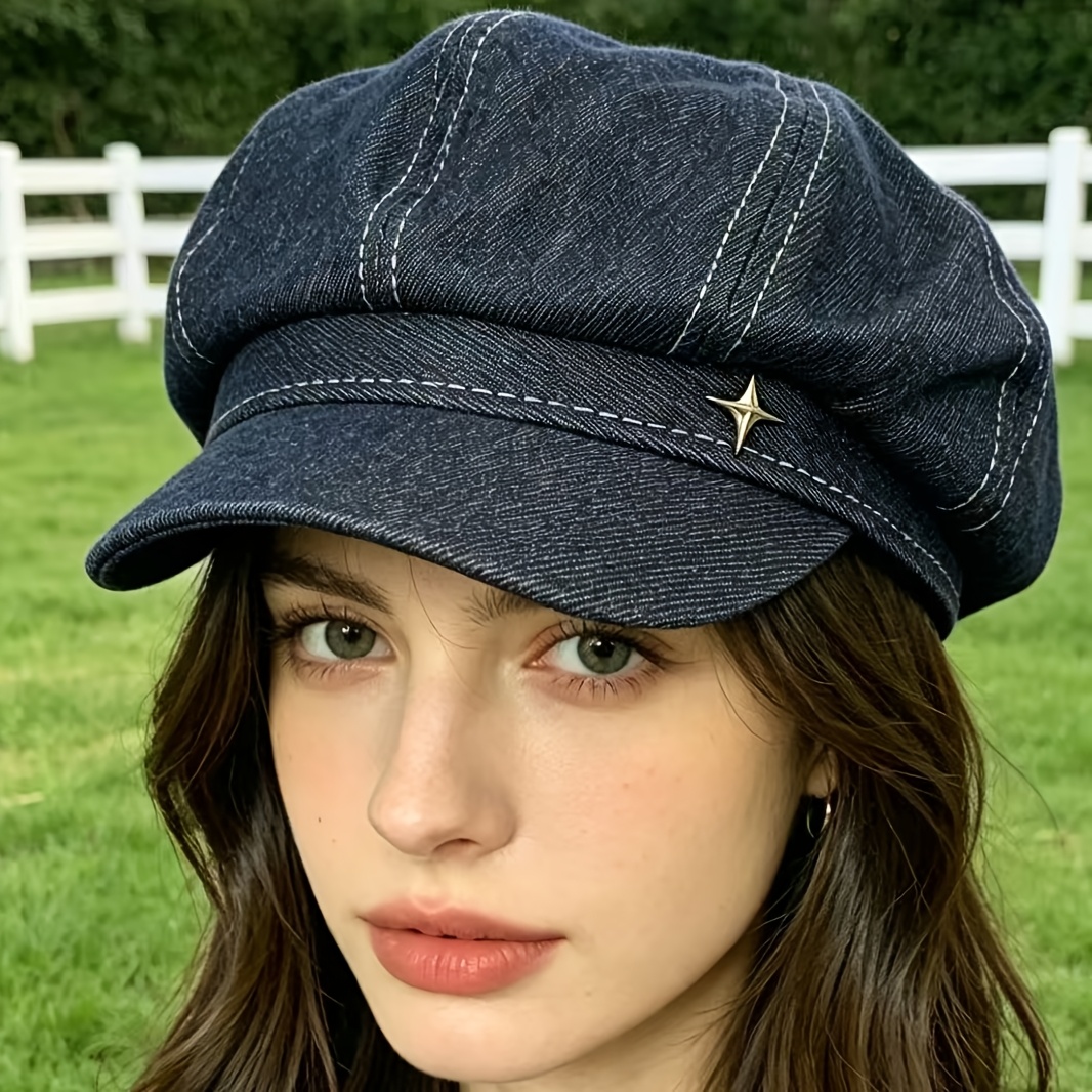TEMU 1pc Women's Newsboy Cap, Octagonal Hat, Four-pointed Star Decoration, Casual Retro Beret, Adjustable Head , Suitable For , Daily Wear, Outdoor