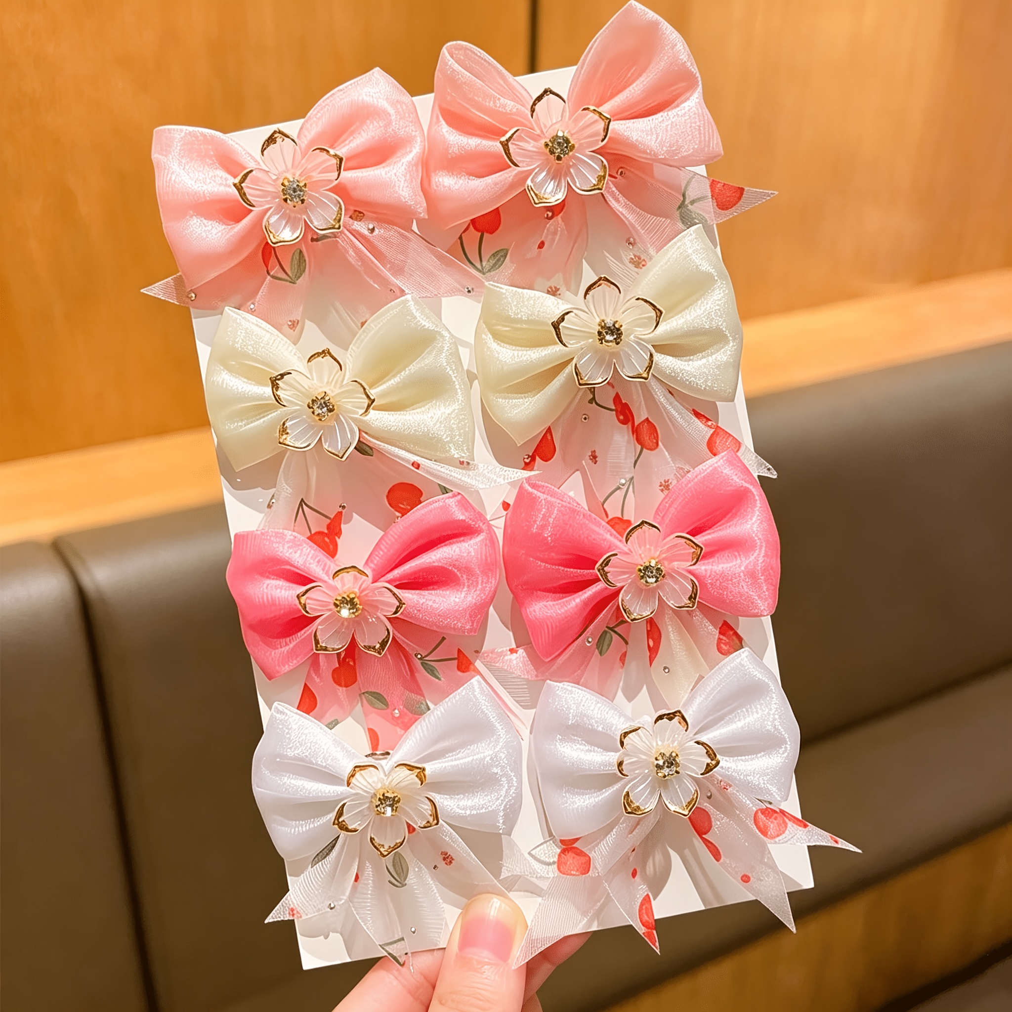 TEMU 8pcs Women's Easy Hair Clips Multicolor Sweet Bows With Strawberry Pattern And Glitter Flower Hair Additions, Suitable For Gifts And Daily Wear