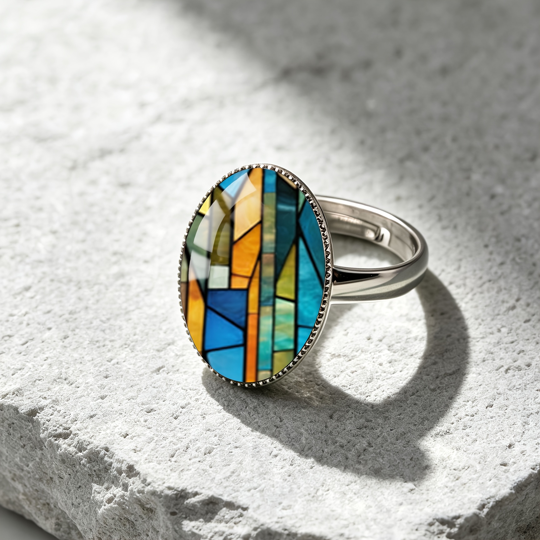 Women's Stained Glass Geometric Oval Open Ring, Classic Style