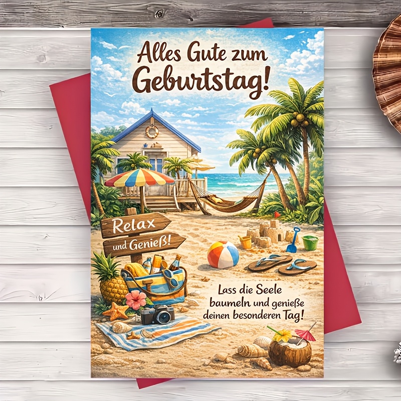 E-shop Ein Umschlag eine Grußkarte Strand-Geburtstagsgrußkarte Tropische Entspannungsstimmung für Freunde Familie Kollegen Urlaubsthema Küstenszene