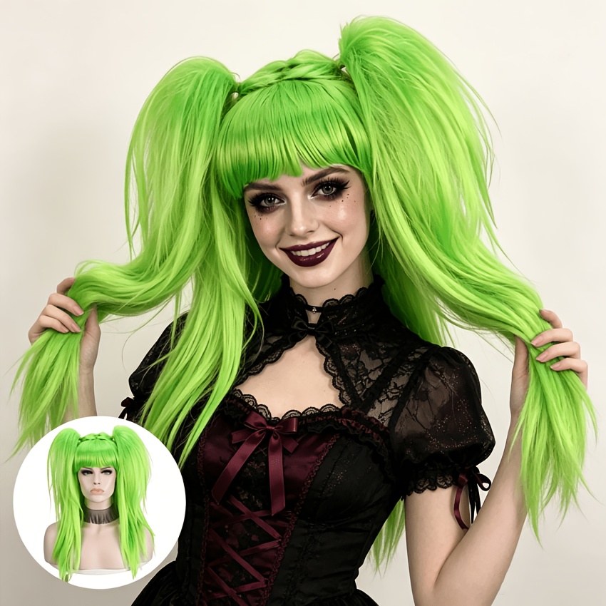TEMU Perruque Femme Double Queue de Cheval Longue et Droite Vert Fluo, Perruque de Cosplay Synthétique Colorée Résistante à la Chaleur avec Frange,