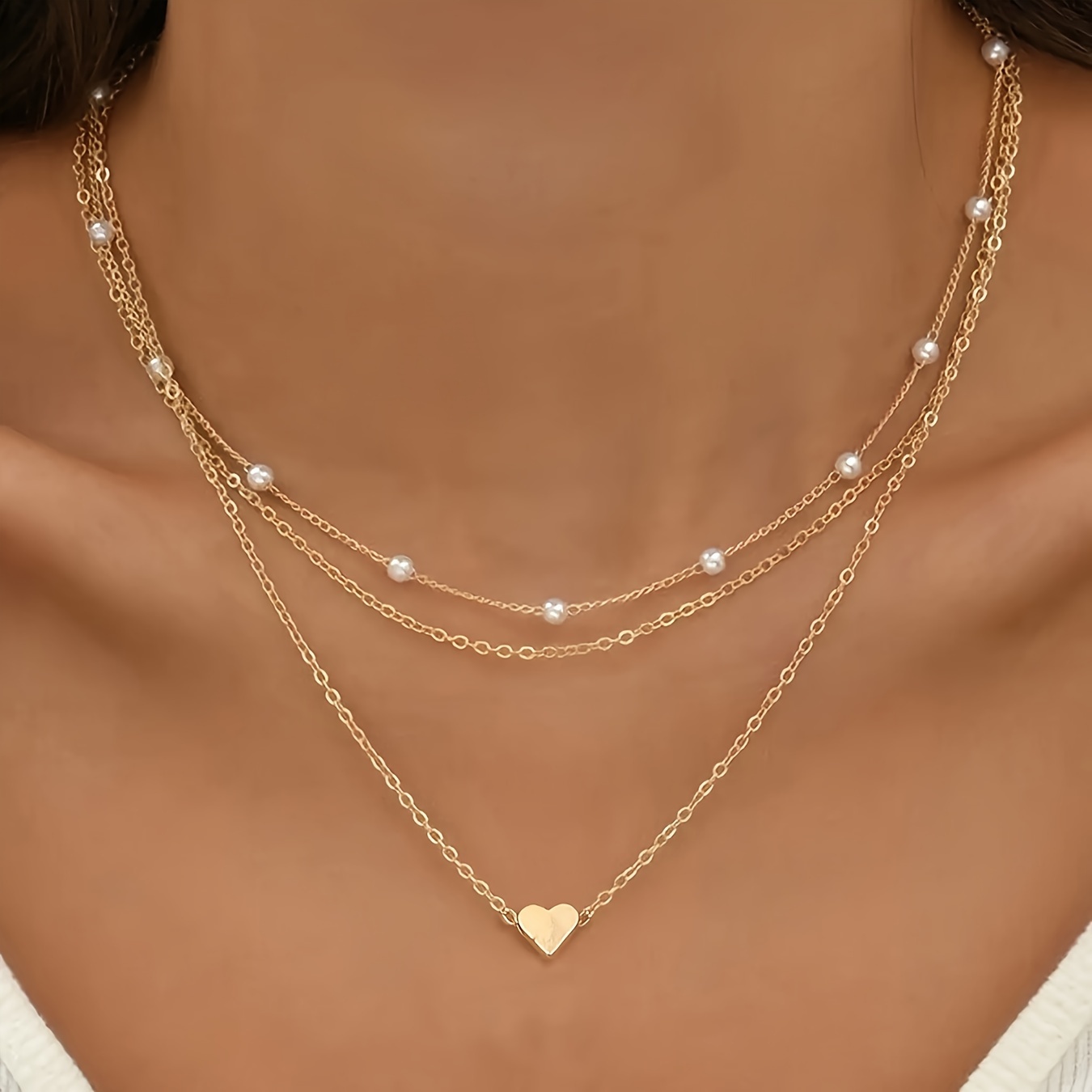 

3pcs/set Layered Necklace, Love Heart Pendant Necklace, Imitation Pearl Clavicle Chain For Women Party & Daily Decoration Mother's Day Accessories Gift
