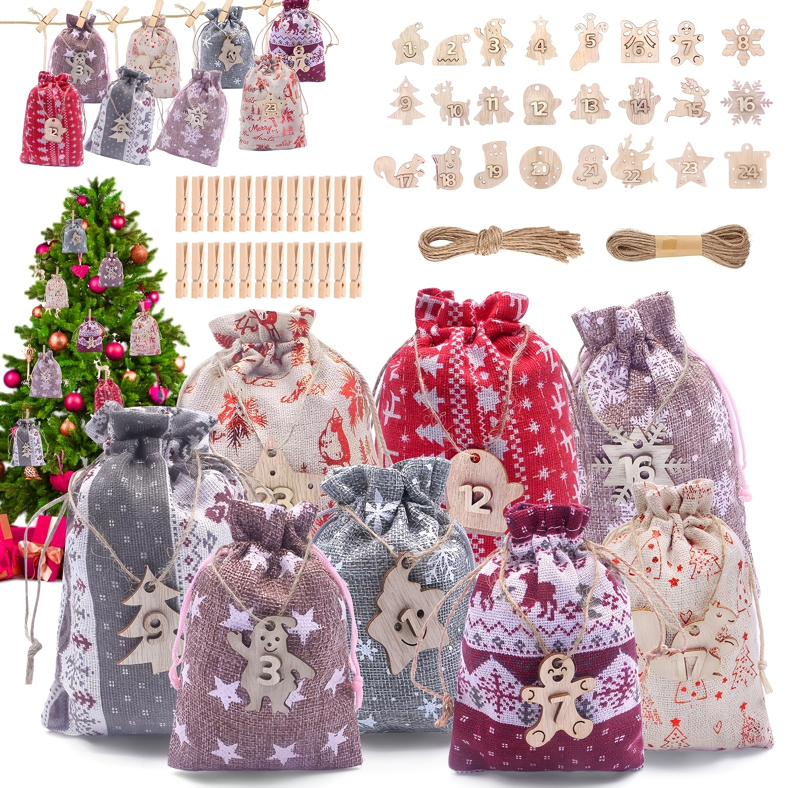 Image of 24pcs Linen Advent Calendar Bags With Wooden Number Tags - Drawstring Gift Bags Suitable For Christmas Countdown, Numbered 1-24 For Party Favors, Showers, Weddings, Daily Treats (linen Closure)