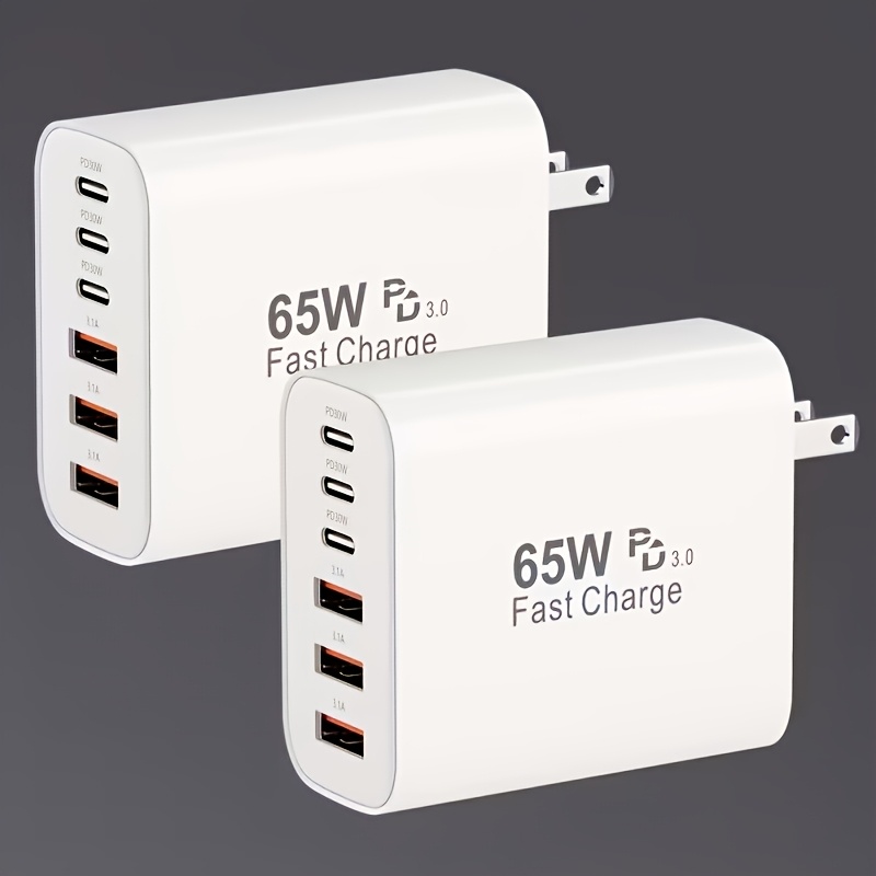item picture 65W Type-C Fast Charger, PD USB-C + QC Multi-Port Wall Charger with US Plug, 6-Port Fast Power Adapter Compatible with iPhone 17/16/15/14/13/12 Pro Max, iPad, Galaxy, Xiaomi, Huawei, and Other Devices. Ideal for Home, Office, Travel, and Holiday