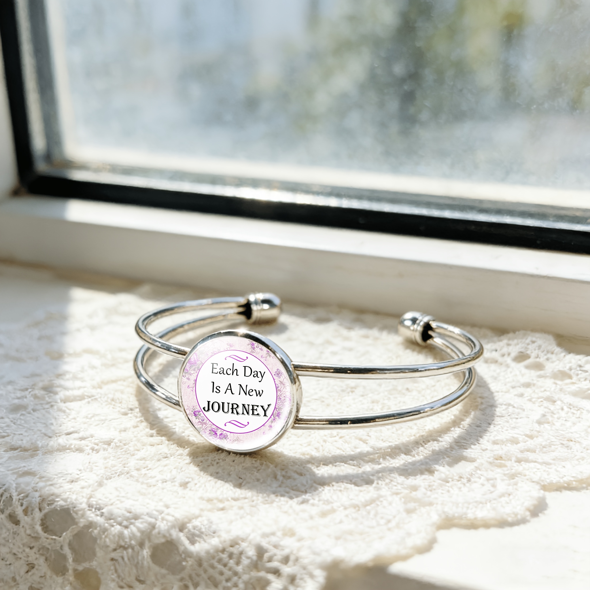 Women's Adjustable Open Bangle Bracelet with Gemstone Inlay
