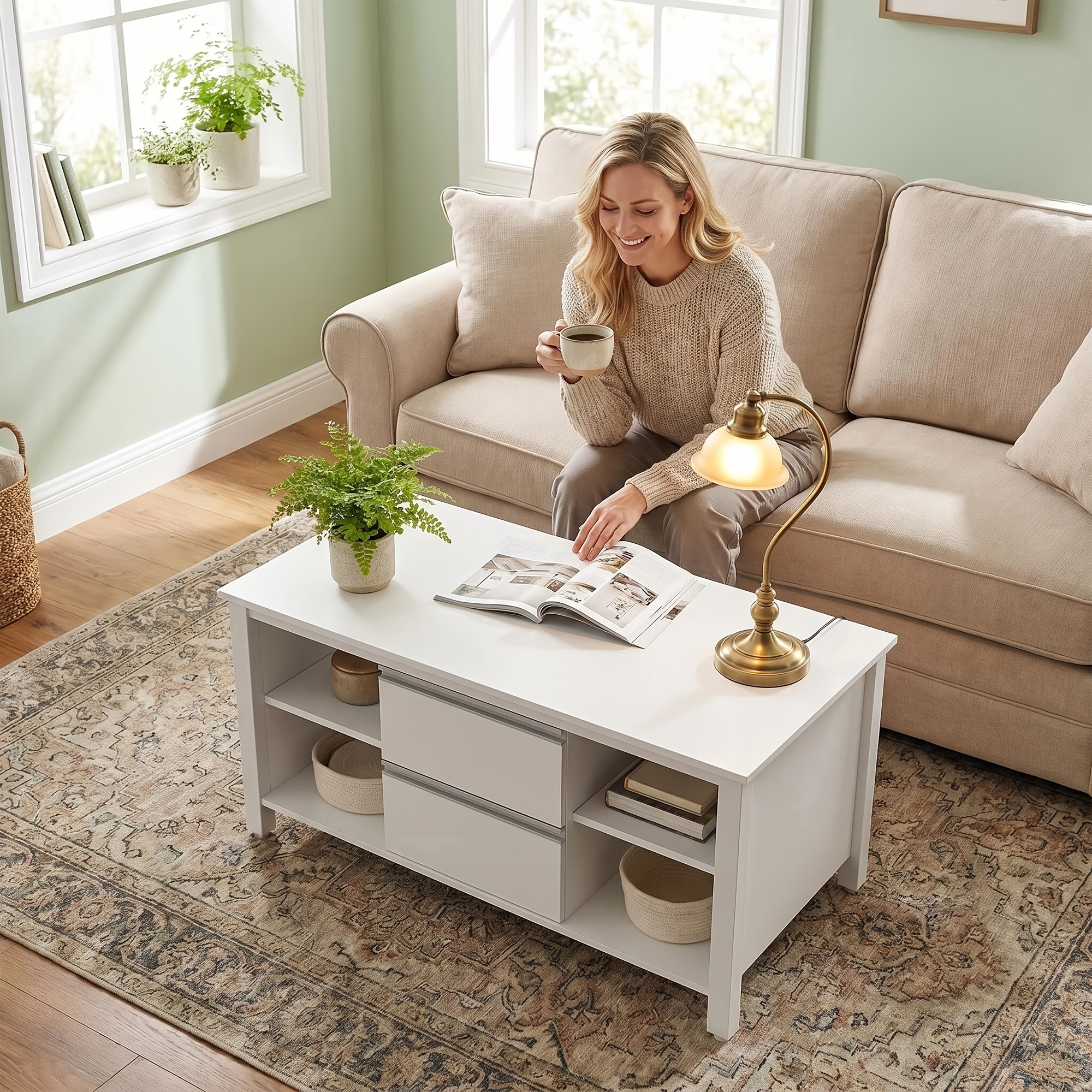 Room Coffee/dining Table, 101×51×51cm, With 2 Drawers And 4 Open Shelves, Low Side Table, Suitable For Living Room.